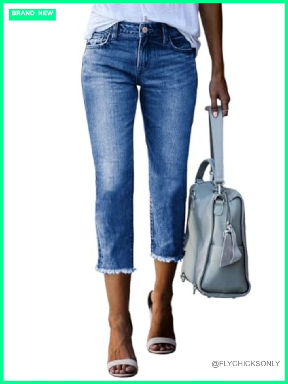 High Waisted Straight Leg Capri Jeans Raw Hem Stretch Denim